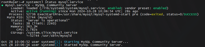 Успешно запущенная служба mysql